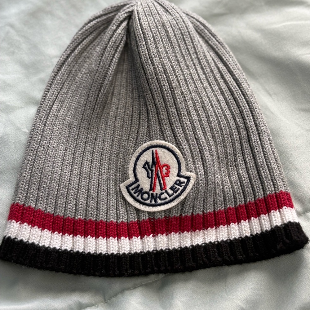Moncler Gray Beanie with Red and Black Accents